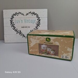 John Deere 3 Pce Ceramic Canister Set Farm Tractor Barn Scene Sunbelt‎ 106044-01